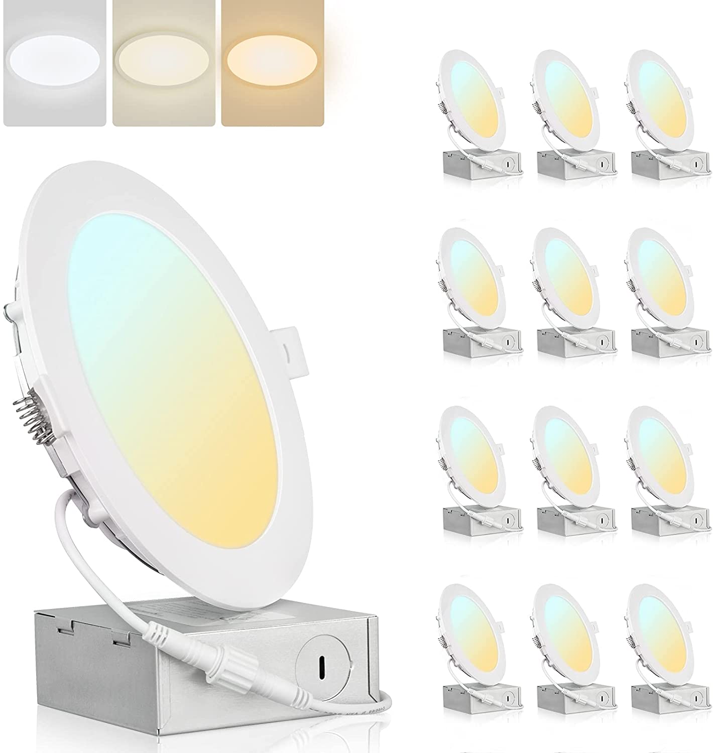 Colorsmoon 12 Pack 6 Inch 3CCT Ultra-Thin LED Recessed Ceiling Light with Junction Box, 3000K-5000K Selectable, 1020LM High Brightness Per Light, 12W Eqv 110W Dimmable Can-Killer Downlight(White)
